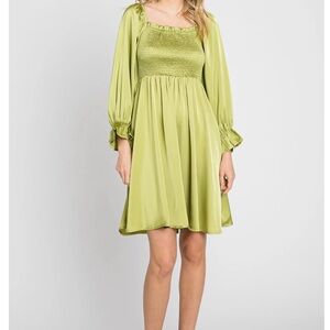 Lime Satin Smocked Square Neck Dress